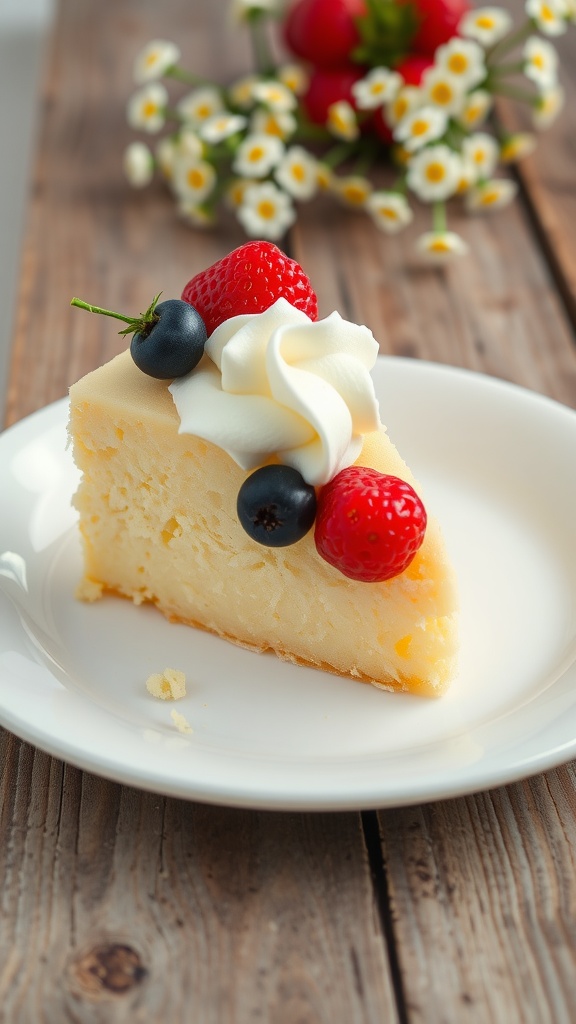 A fluffy slice of vanilla dough cake with berries and whipped cream on a plate.